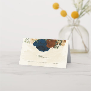 terracotta earth tone navy floral greenery wedding place card