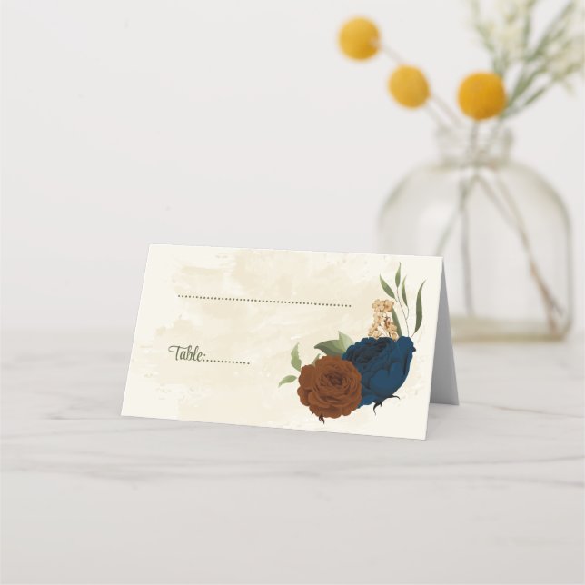 terracotta earth tone navy floral greenery wedding place card (Front)