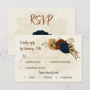 terracotta earth tone navy floral greenery wedding RSVP card