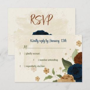 terracotta earth tone navy floral greenery wedding RSVP card