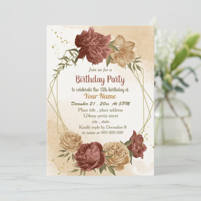 terracotta earthy floral greenery birthday party invitation (Standing Front)