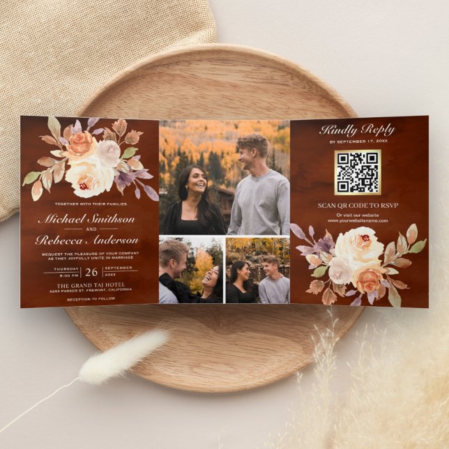 Terracotta Earthy Ivory Floral QR Code Wedding Tri-Fold Invitation (Creator Uploaded)