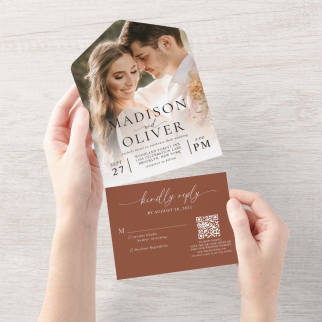 Terracotta Elegant Classic QR Code Photo Wedding All In One Invitation (Tearaway)