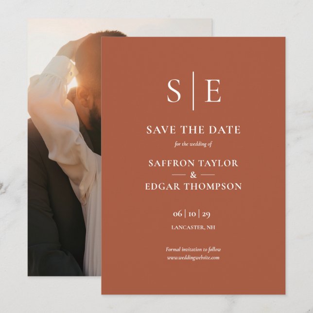 Terracotta Elegant Monogram Photo Wedding Save The Date (Front/Back)