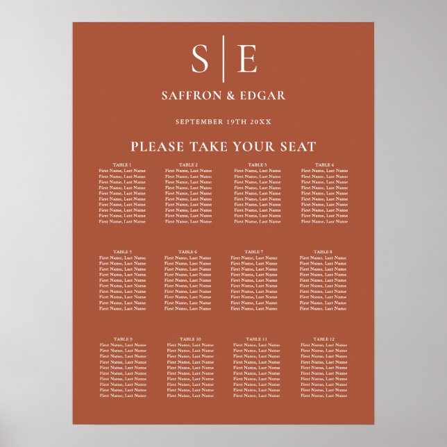 Terracotta Elegant Monogram Wedding Seating Chart (Front)