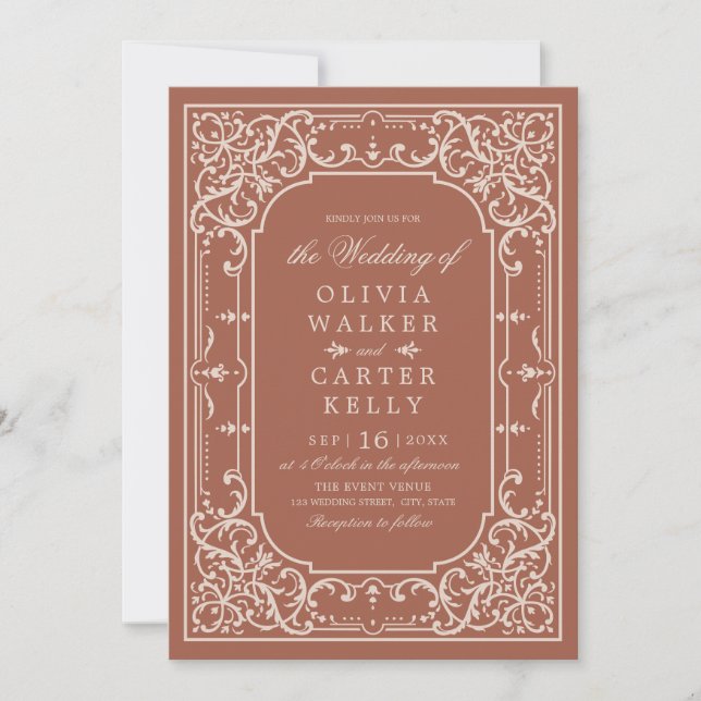 Terracotta elegant ornate romantic vintage wedding invitation (Front)