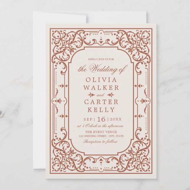 Terracotta elegant ornate romantic vintage wedding invitation (Front)