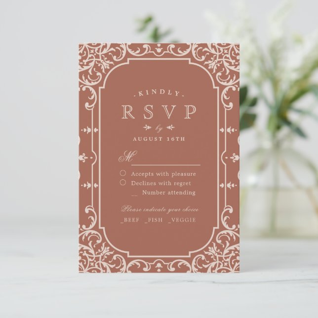 Terracotta elegant romantic vintage wedding RSVP (Standing Front)