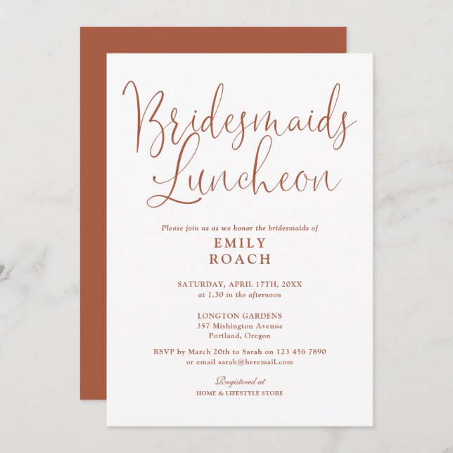 Terracotta Elegant Script Bridesmaids Luncheon Invitation (Front/Back)