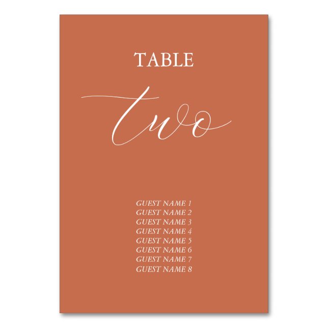 Terracotta Elegant Script Calligraphy Wedding Table Number (Front)