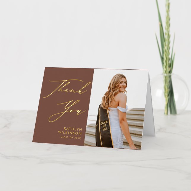 Terracotta Elegant Script Graduation Thank You Foil Greeting Card (Front)