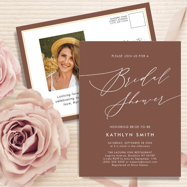 Terracotta Elegant Script Modern Bridal Shower Invitation Postcard (Creator Uploaded)