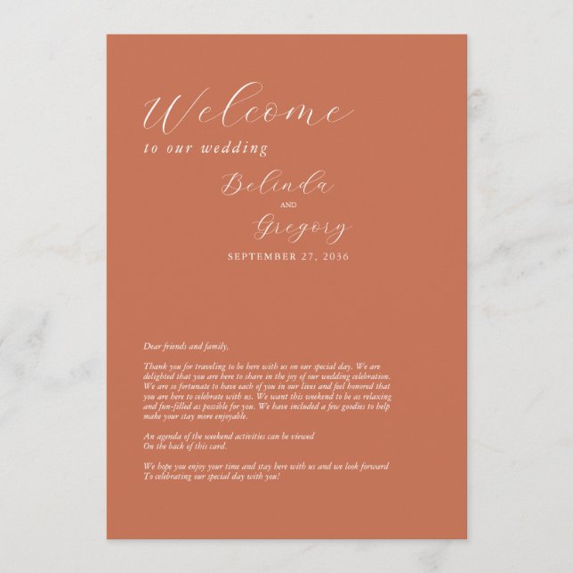 Terracotta Elegant Script Wedding Itinerary Program (Front)