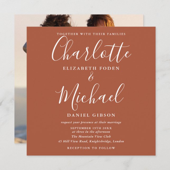 Terracotta Elegant Script Wedding Photo Invitation (Front/Back)