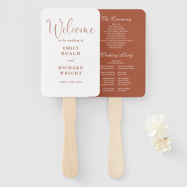 Terracotta Elegant Script Wedding Program Hand Fan (Front and Back)