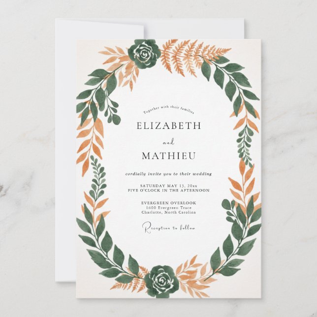 Terracotta Emerald Leaf Wedding Invitation (Front)