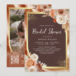 Terracotta Espresso Brown QR Code Bridal Shower Invitation