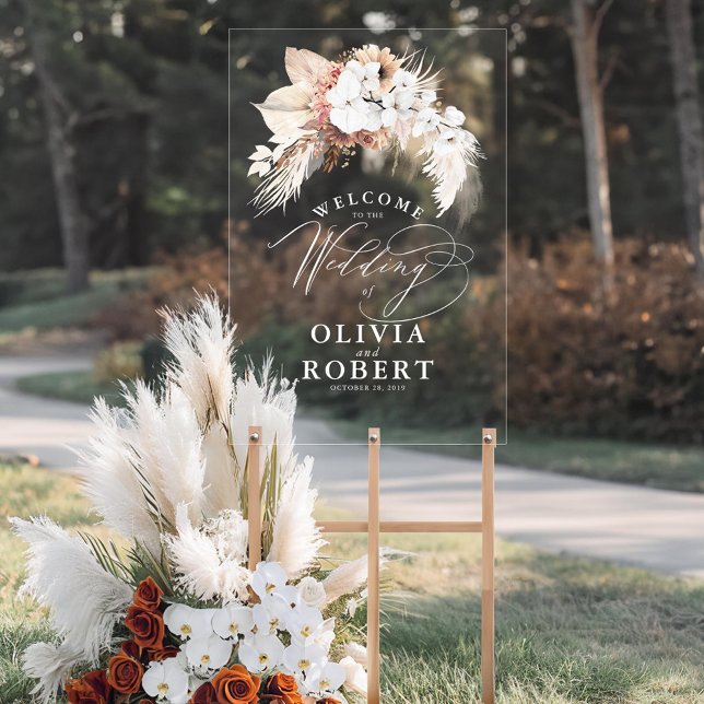 Terracotta et Boho blanc Mariage Floral Bienvenue (Boho Floral Wedding Welcome Transparent Acrylic Sign)
