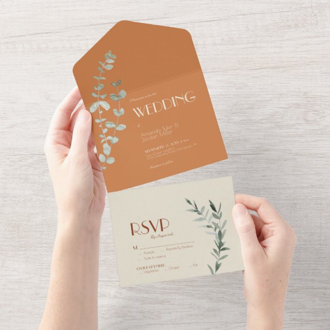 Terracotta Eucalyptus Deco Wedding All In One Invitation (Tearaway)