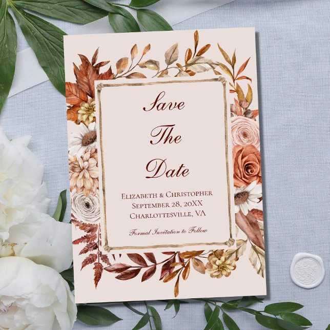 Terracotta Fall Autumn Floral Peach Brown Wedding Save The Date (Creator Uploaded)