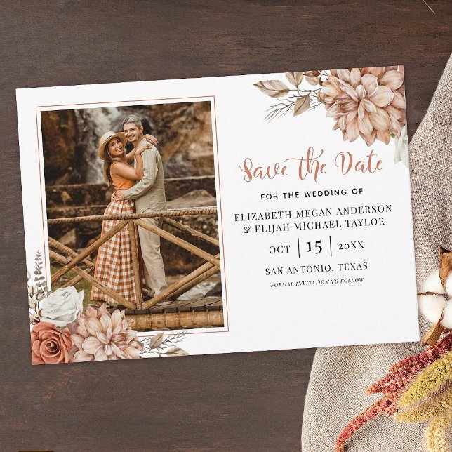 Terracotta Fall Boho Floral Photo Save the Date In Invitation (Creator Uploaded)