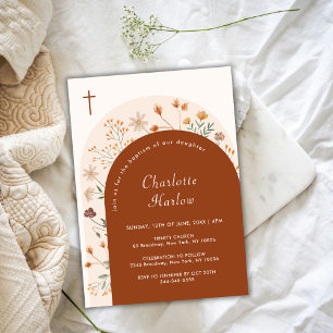 Terracotta Fall Boho Wildflower Arch Cross Baptism Invitation