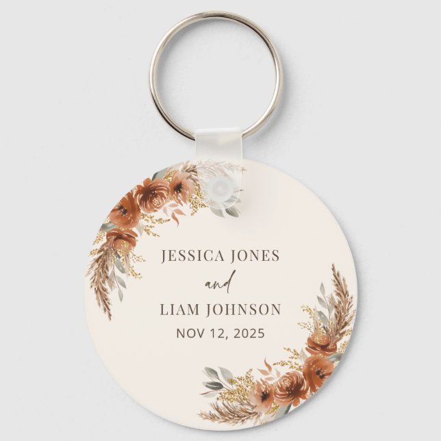 Terracotta Fall Floral Boho Rustic Wedding Favours Keychain (Front)