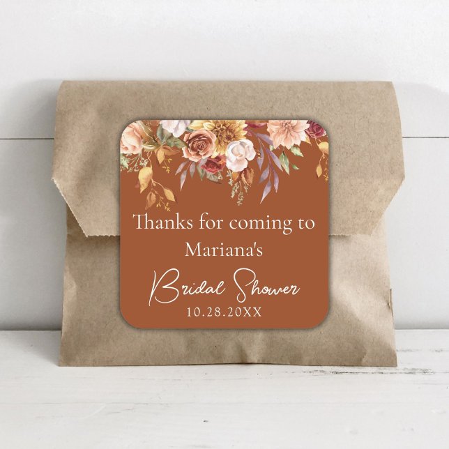 Terracotta Fall Floral Bridal Shower Favours Square Sticker (Creator Uploaded)