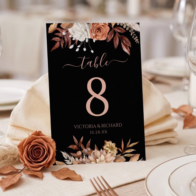 Terracotta Fall Floral Foliage Black Fall Wedding Table Number (Creator Uploaded)