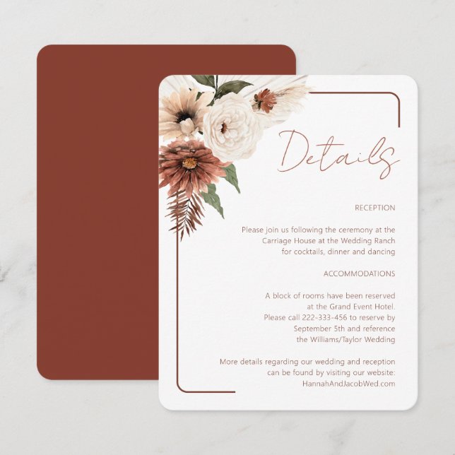 Terracotta Fall Floral Modern Wedding Enclosure Card (Front/Back)