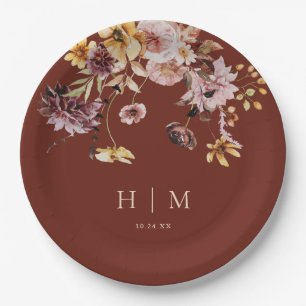 Terracotta Fall Floral Monogram Wedding  Paper Plate