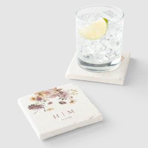 Terracotta Fall Floral Monogram Wedding  Stone Coaster