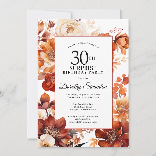 Terracotta Fall Flowers 30th Surprise Birthday Invitation (Front)