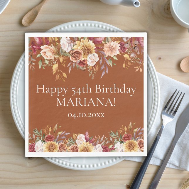 Terracotta Fall Foliage Flowers Birthday Party Napkin (Creator Uploaded)
