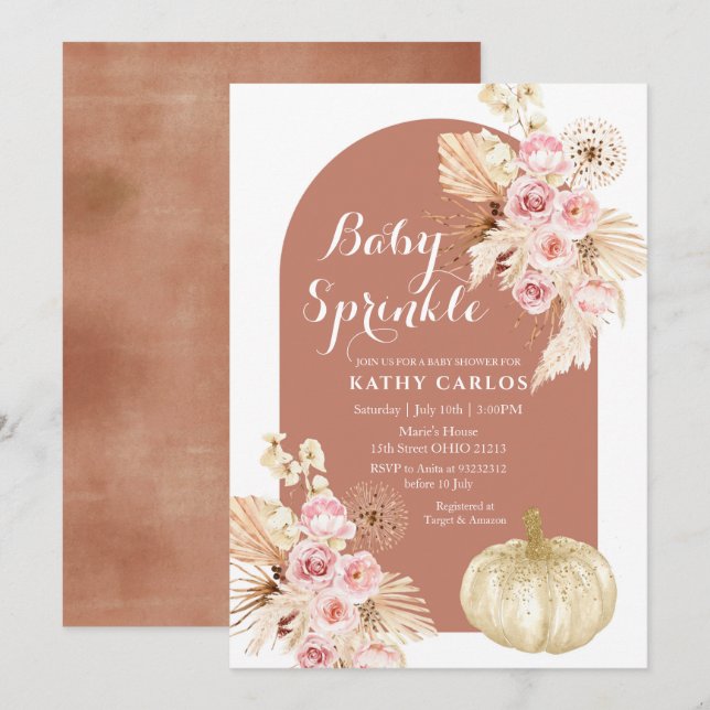 Terracotta Fall pampas grass & Pumpkin Invitation (Front/Back)