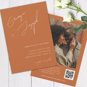 Terracotta Fall Script Photo QR Code Wedding Invitation