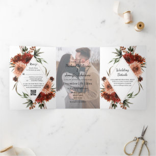 Terracotta Fall Watercolor Wedding photo Tri-Fold Invitation