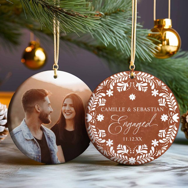 Terracotta First Christmas Engagement Photo Ceramic Ornament (Mexican Talavera Engagement Photo Ornament)