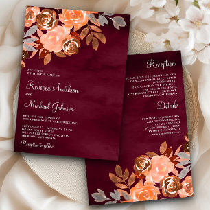 Terracotta Floral All in One Burgundy Wedding Invitation