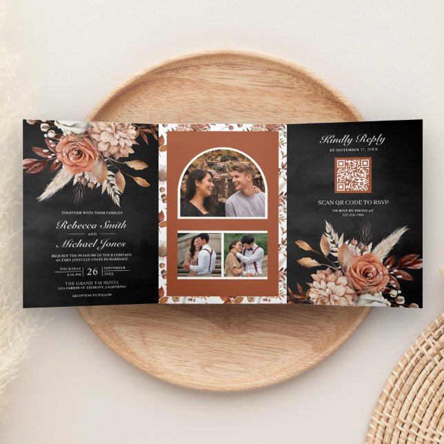 Terracotta Floral All in One QR Code Black Wedding Tri-Fold Invitation (Creator Uploaded)
