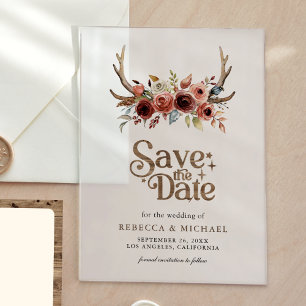Terracotta Floral Antlers Wedding Save the Date Acrylic Invitations