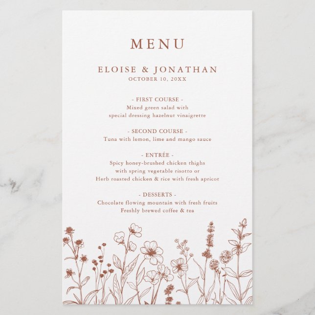 Terracotta Floral Automne Fleur sauvage Menu Maria (Devant)
