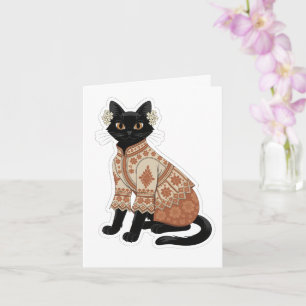 Terracotta Floral Black Cat Greeting Card