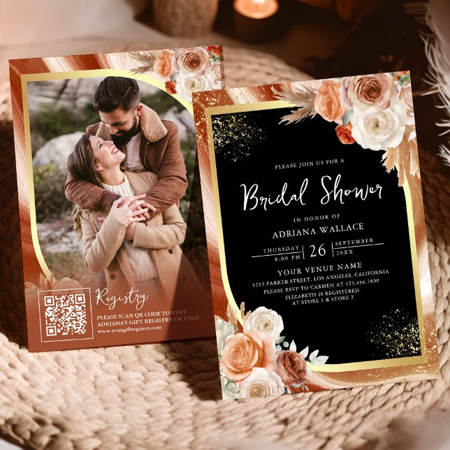 Terracotta Floral Black Gold QR Code Bridal Shower Invitation (Creator Uploaded)