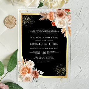 Terracotta Floral Black Gold Wedding Acrylic Invitations