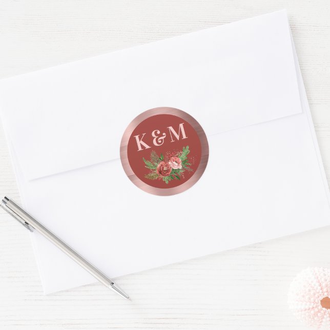 Terracotta Floral Blush Pink Christmas Monogram Classic Round Sticker (Creator Uploaded)