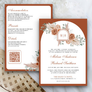 Terracotta Floral Boho Pampas Burnt Orange Wedding Invitation