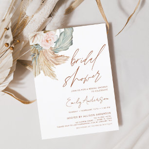 Terracotta Floral Boho Pampas Grass Bridal Shower Invitation