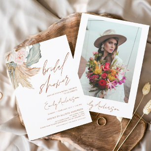 Terracotta Floral Boho Pampas Grass Bridal Shower Invitation