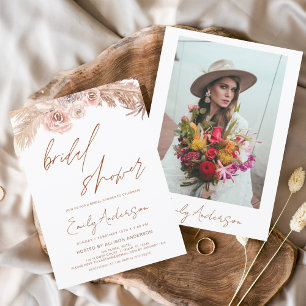 Terracotta Floral Boho Pampas Grass Bridal Shower Invitation